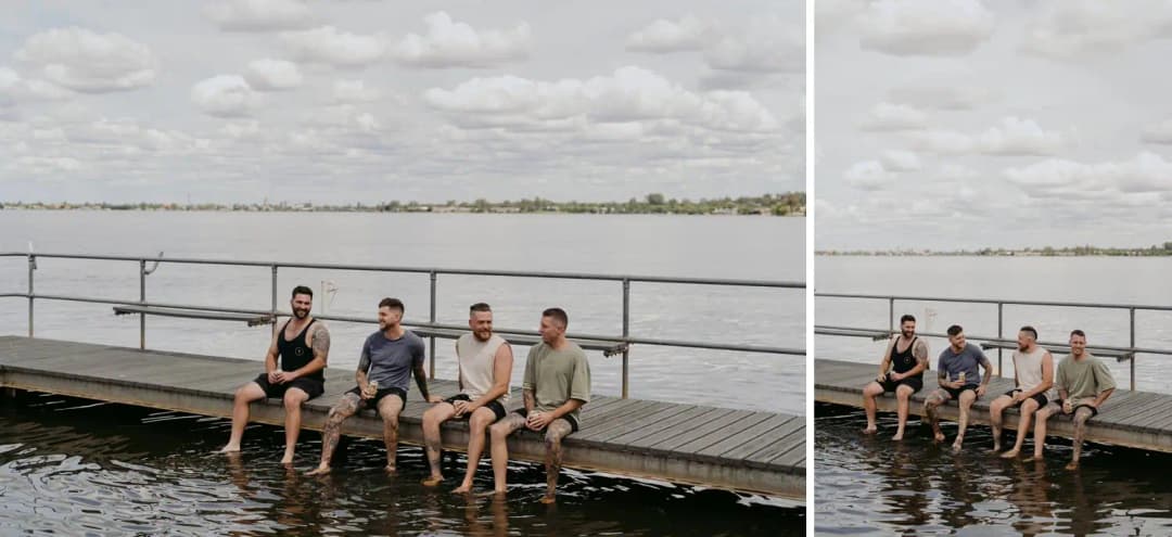 Two photographs of four men sitting on a jetty with their feet above the water