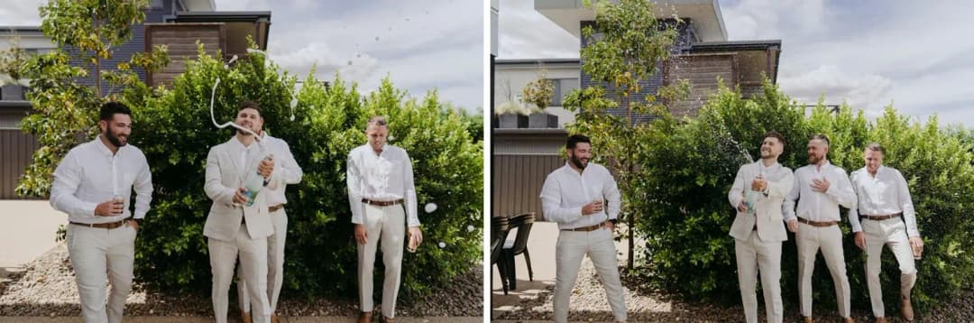 Two photographs of men celebrating together outside in white shirts and cream trousers