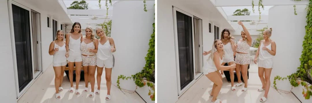 Two photographs of women celebrating in pale sleepwear outside