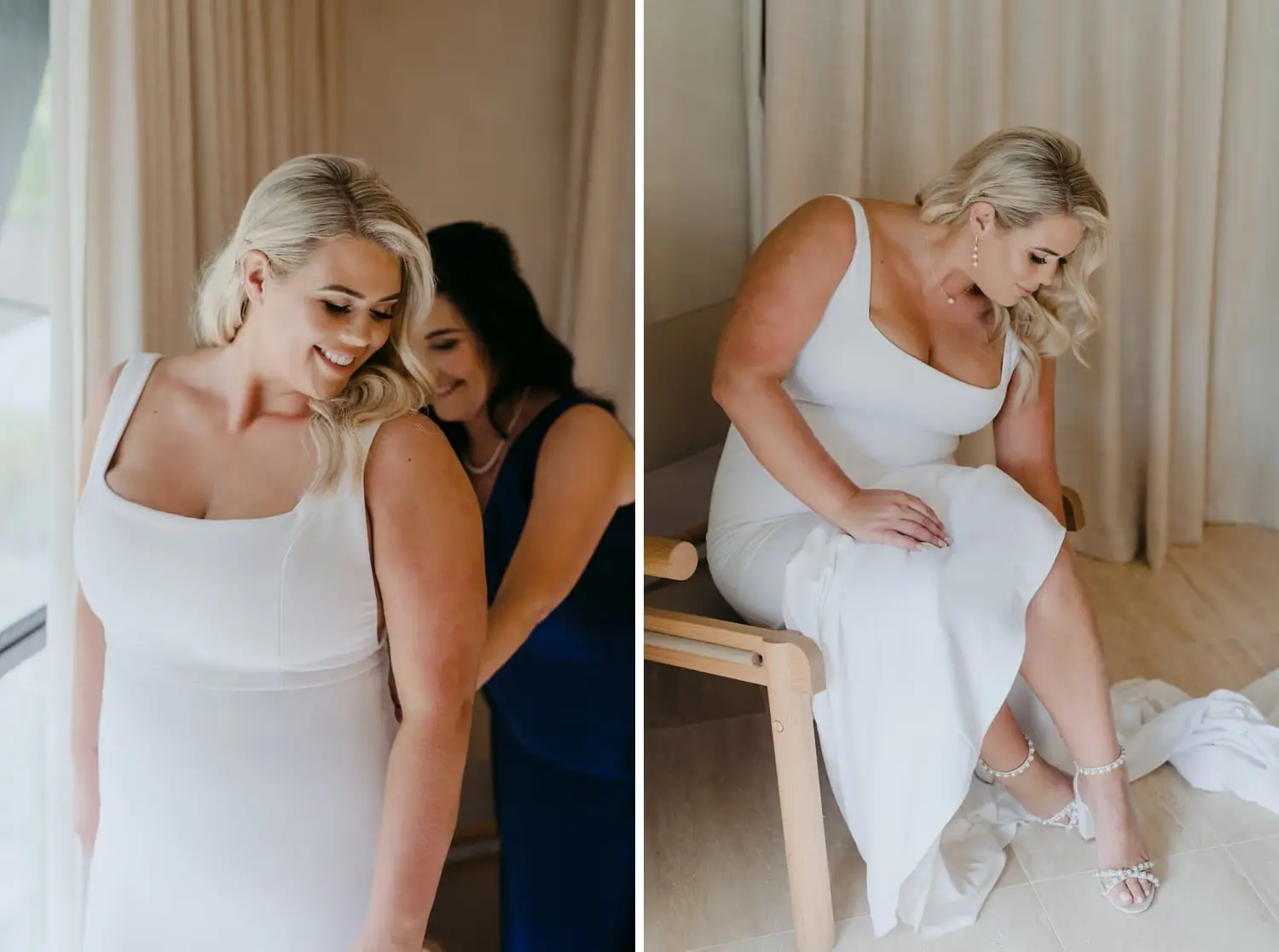 Two photographs of the bride getting help with her dress and fastening her shoes
