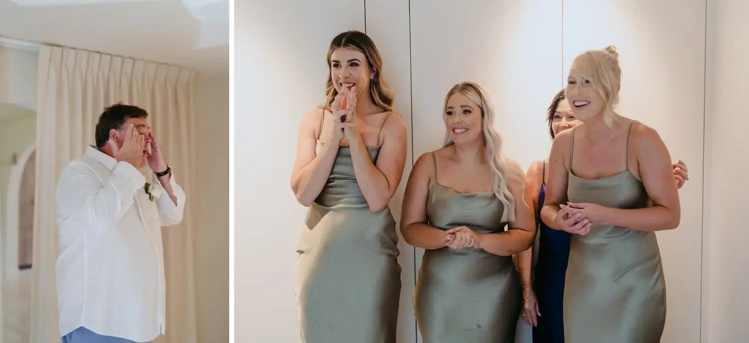 Two photographs of a man wiping his eyes and bridesmaids reacting indoors