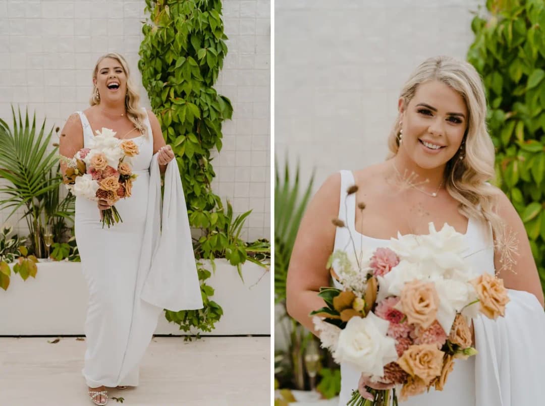 Two photographs of the bride smiling while holding her peach and white bouquet
