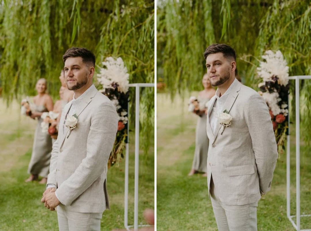 Two photographs of the groom waiting and wiping his eye at the ceremony