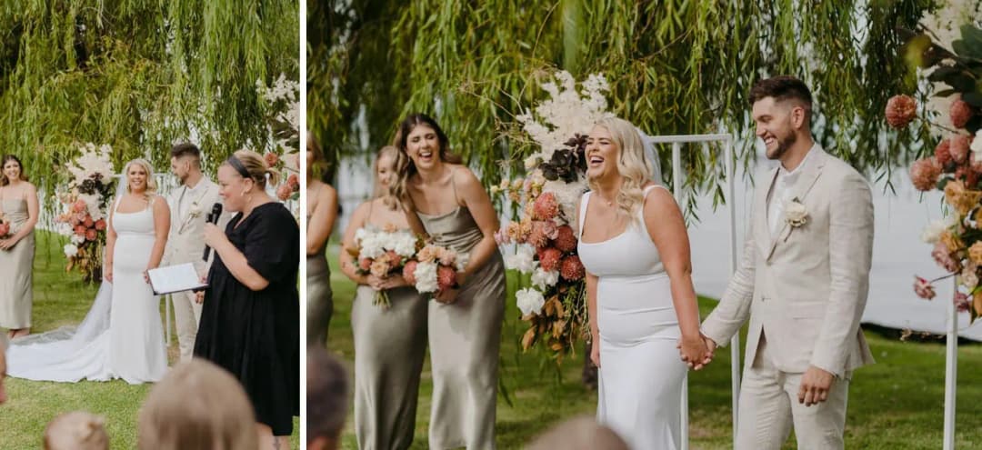 Two photographs of the celebrant speaking and the couple laughing during the ceremony