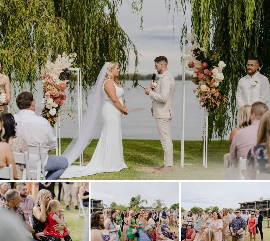 Four photographs of the groom reading into a microphone and guests watching the ceremony