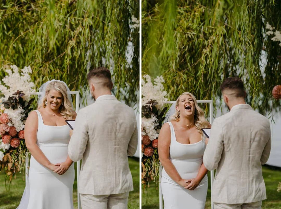 Two photographs of the bride smiling and laughing while the groom faces her