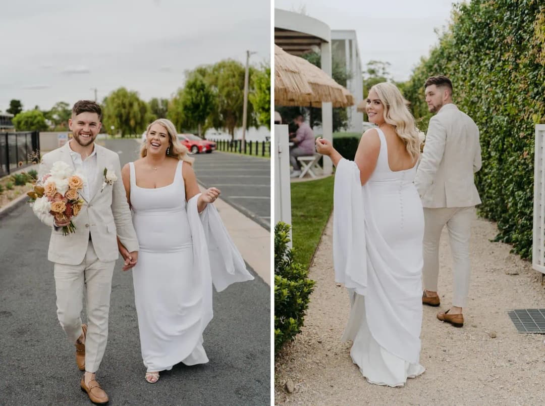 Two photographs of the couple holding hands and walking beside the venue