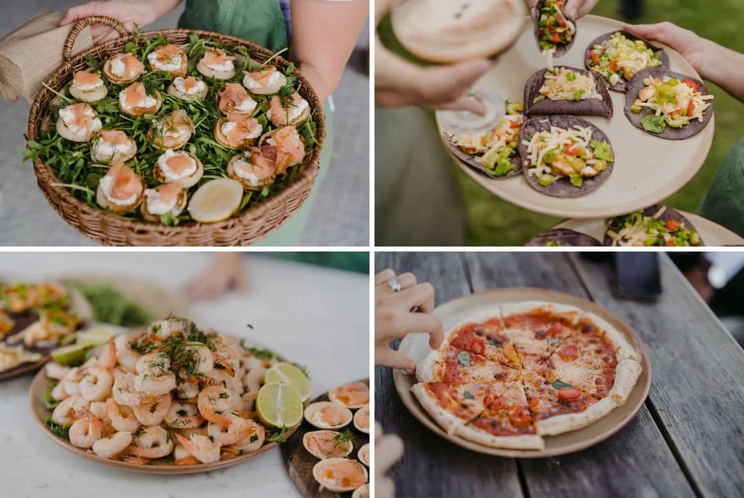 Four photographs of appetisers, prawns and pizza served at the wedding