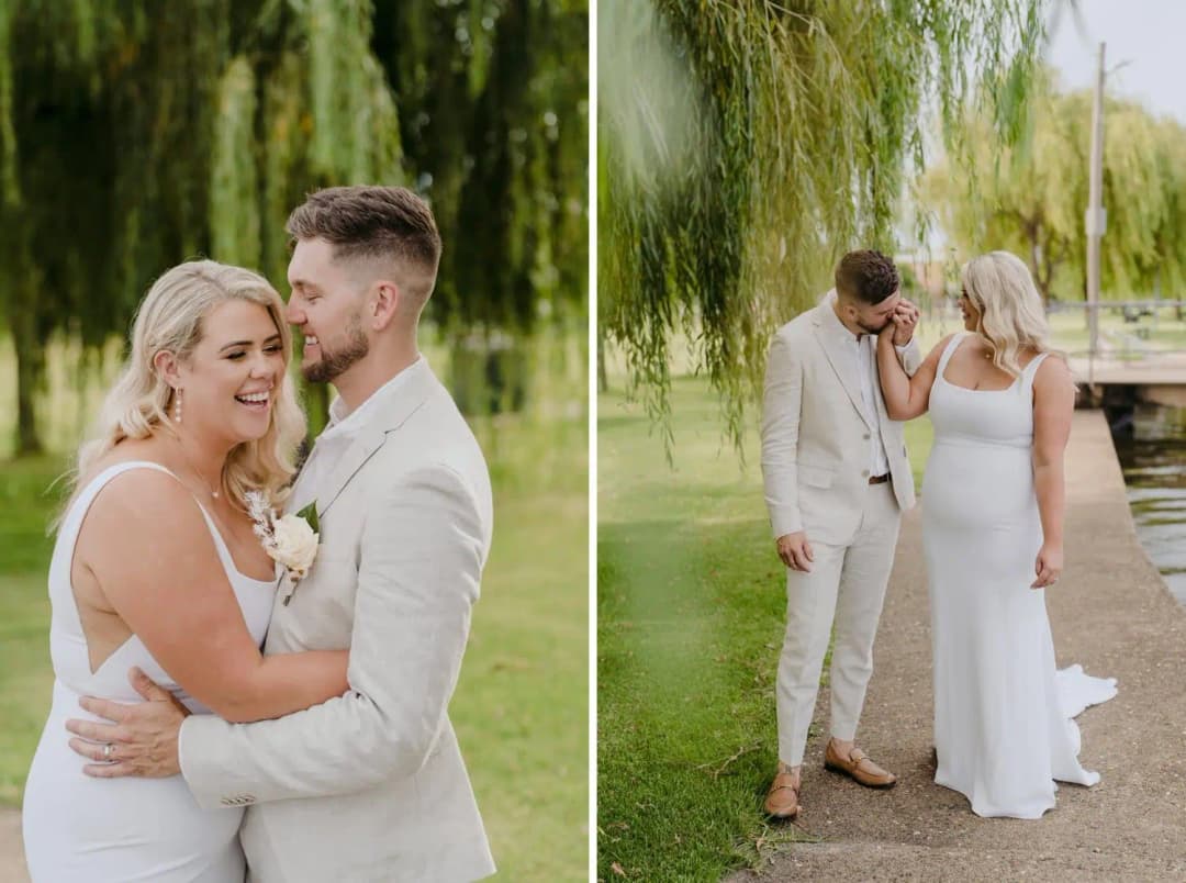 Two photographs of the couple smiling and embracing beneath willow branches