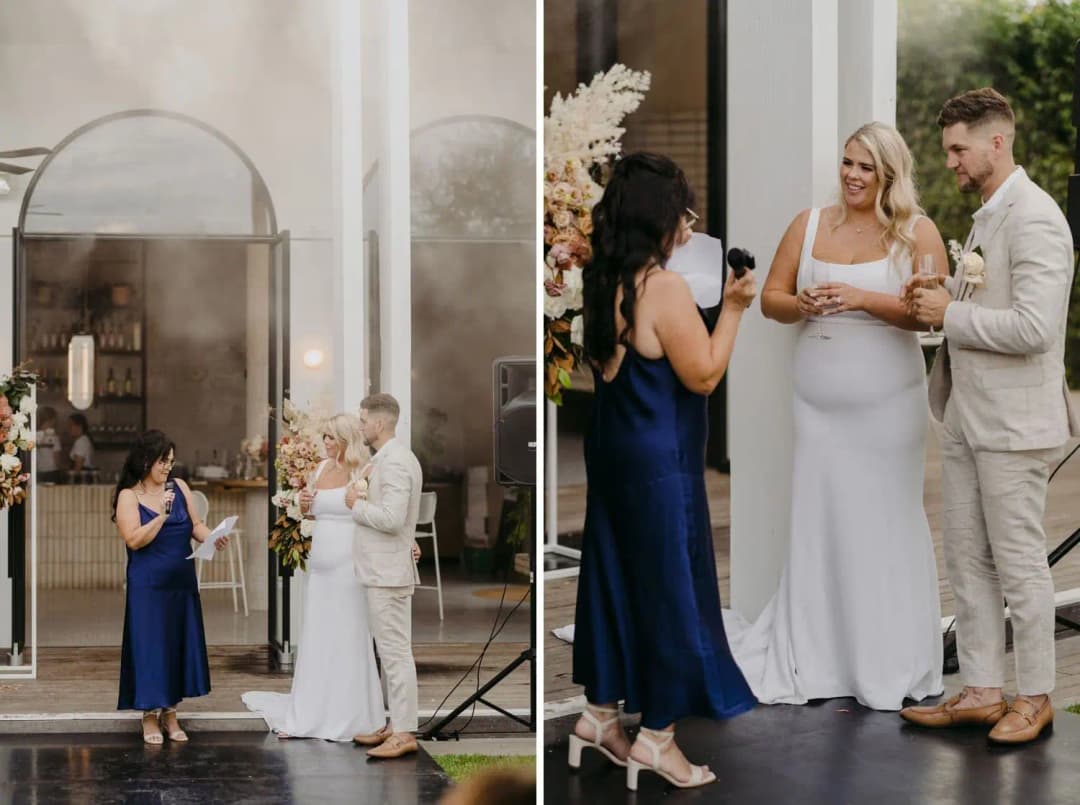 Two photographs of a woman speaking into a microphone beside the bride and groom