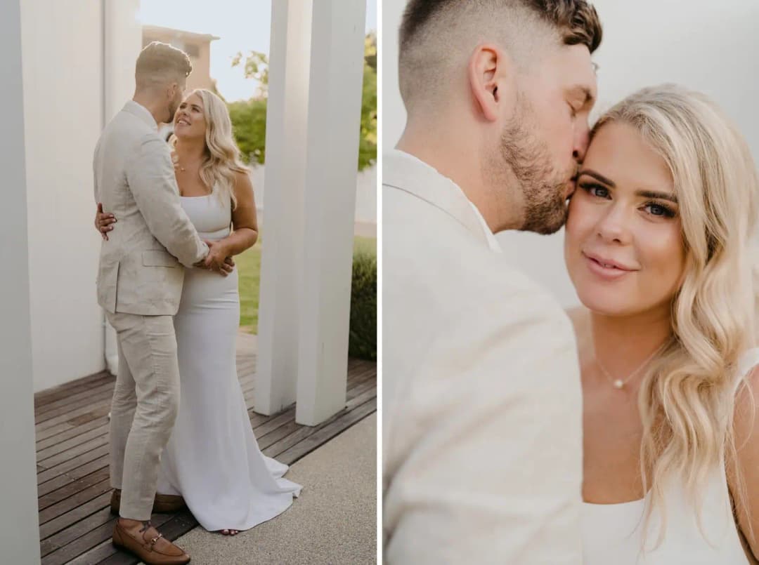 Two photographs of the couple embracing and the groom kissing the bride's temple