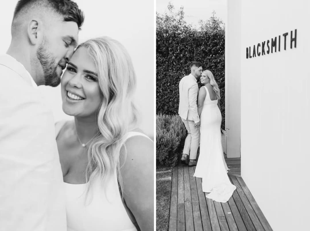 Two black and white photographs of the couple embracing beside the venue