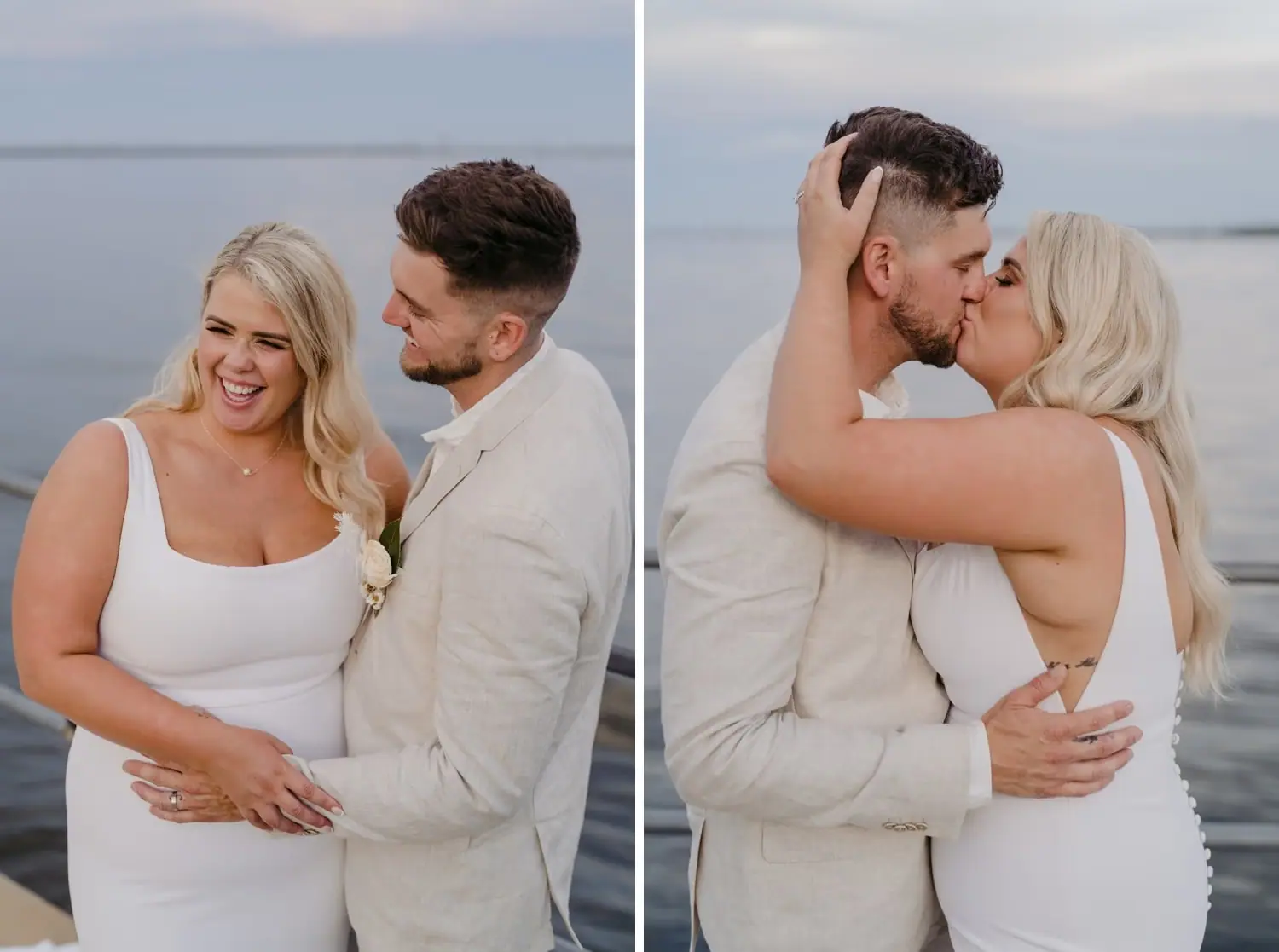 Two photographs of the couple embracing and kissing beside a lake