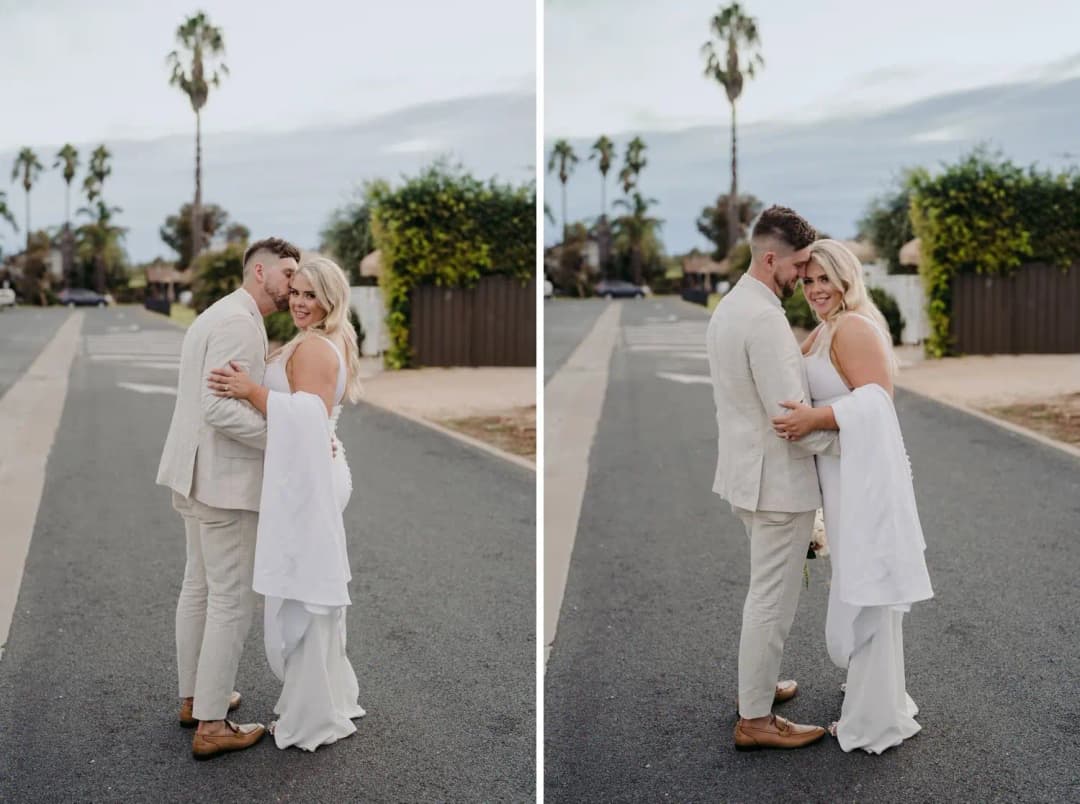 Two photographs of the bride and groom embracing on a street beside the venue
