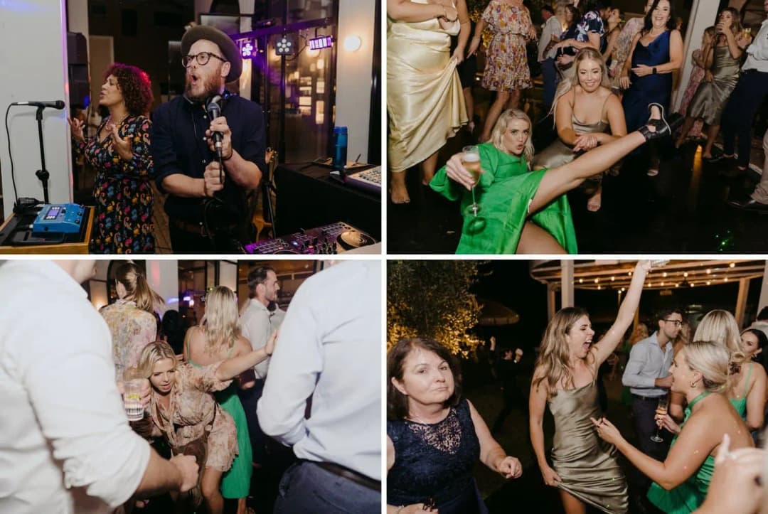 Four photographs of musicians and guests celebrating on the dance floor