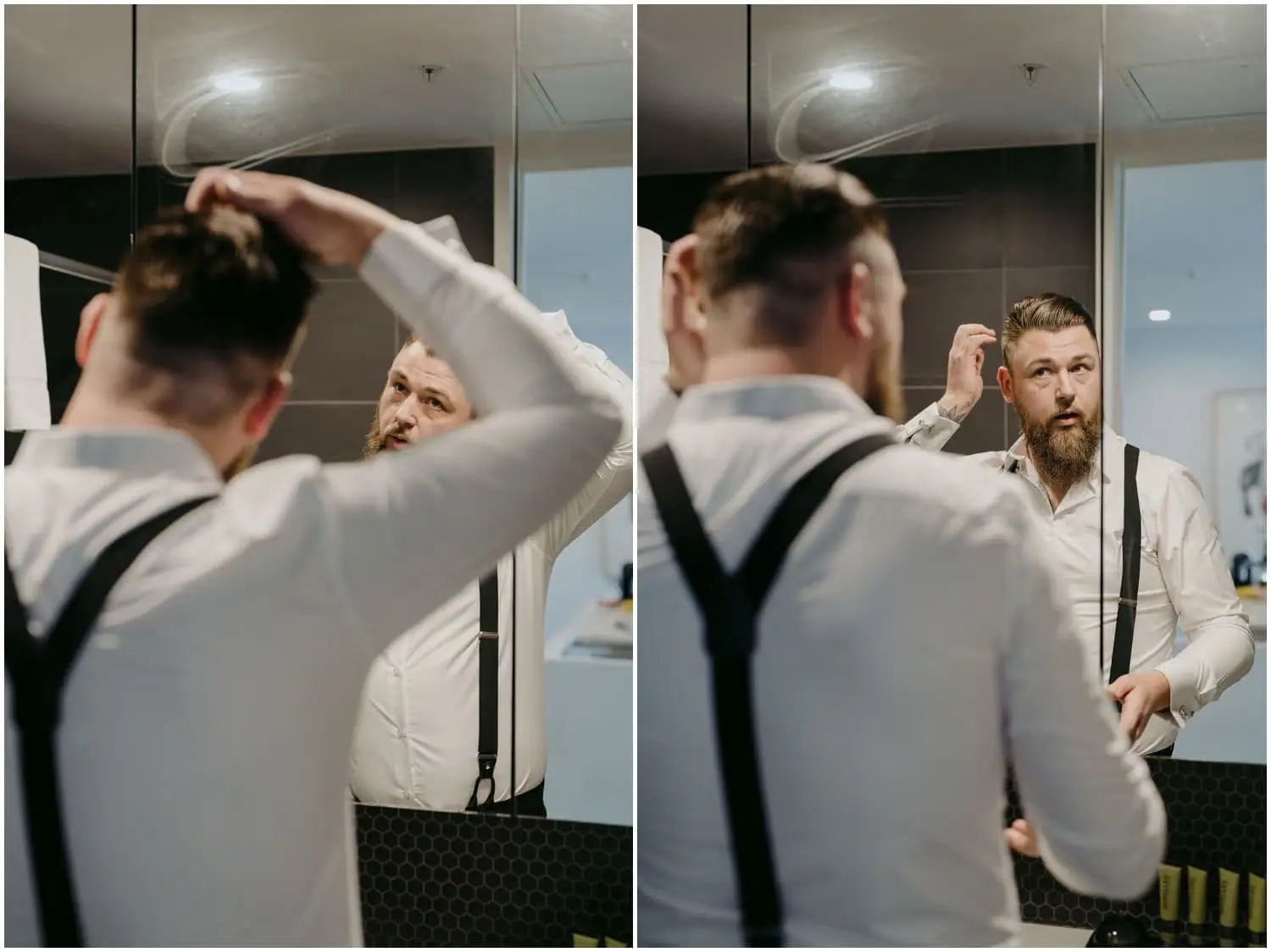 Two photographs of the groom adjusting his hair and clothing in a mirror