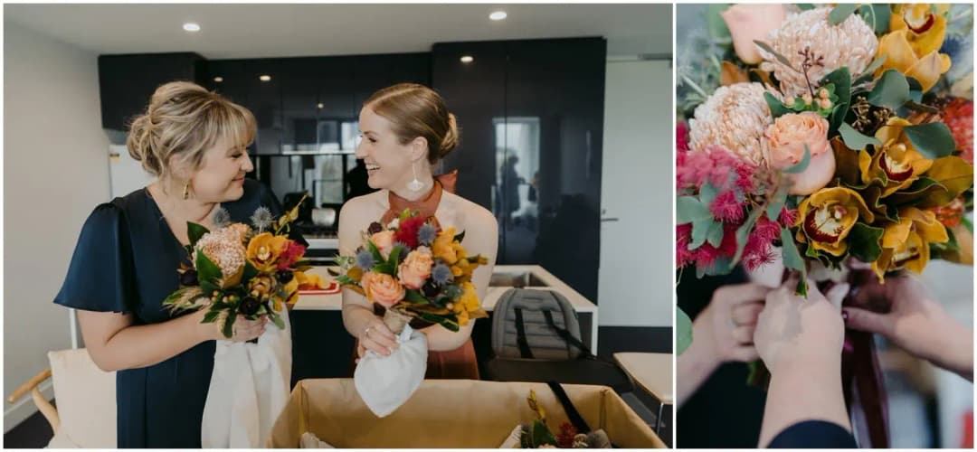 Two photographs of women holding colourful bouquets and arranging their ribbons