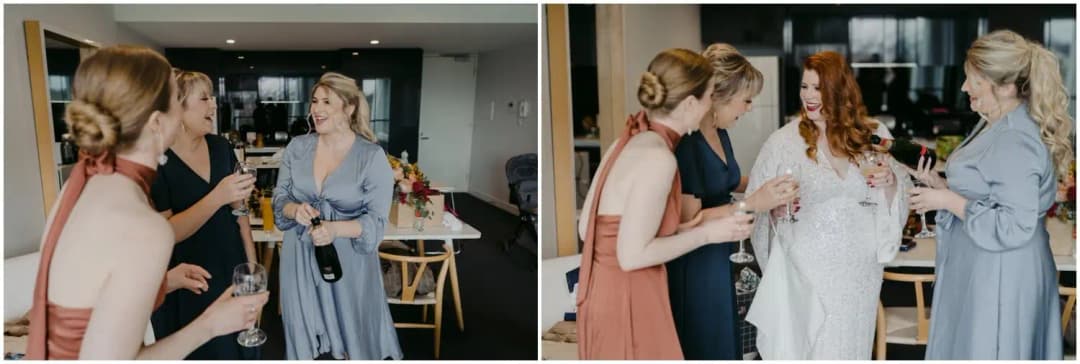 Two photographs of the bride and her friends chatting while holding drinks