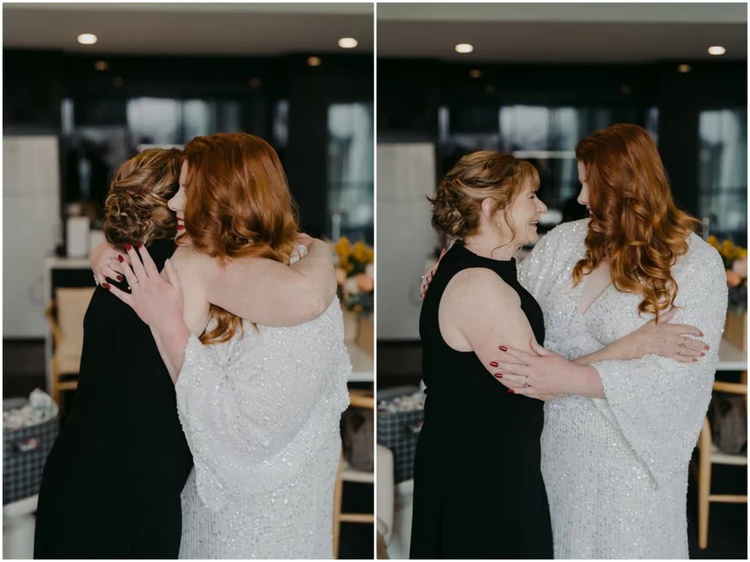 Two photographs of the bride embracing a woman in a black dress