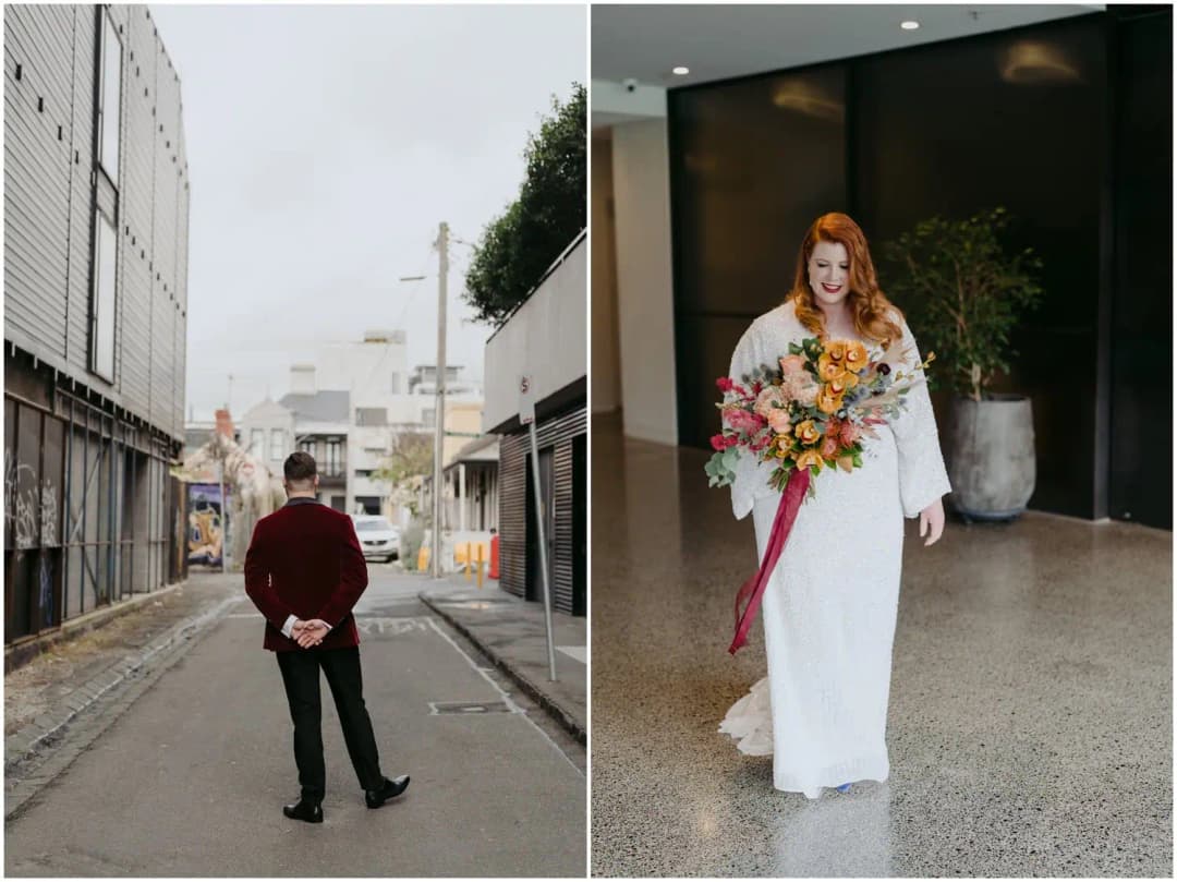 Two photographs of the groom waiting in a laneway and the bride holding her bouquet