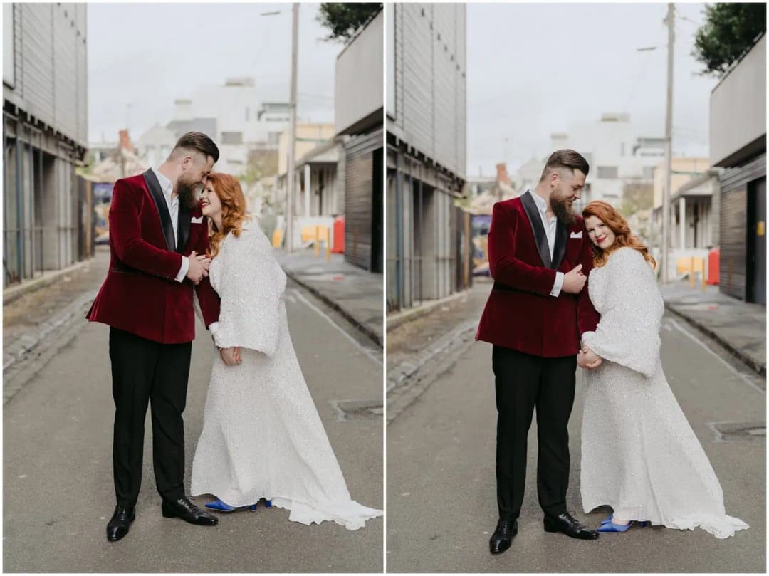 Two photographs of the bride and groom embracing in a city laneway