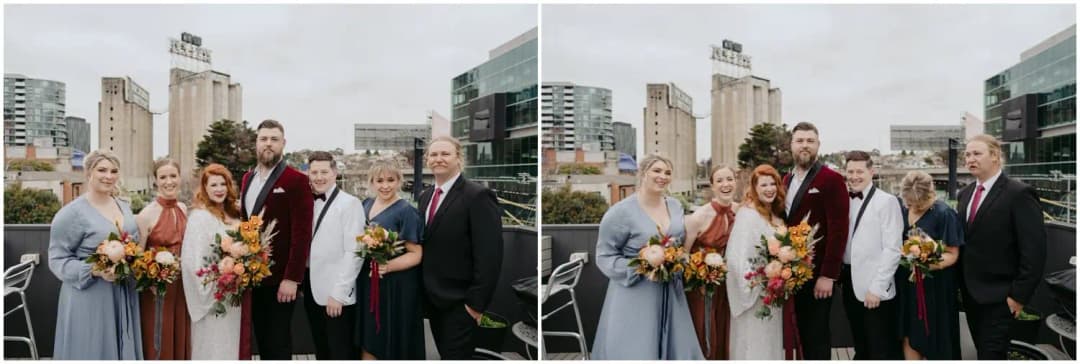 Two photographs of the wedding party posing with city buildings behind them