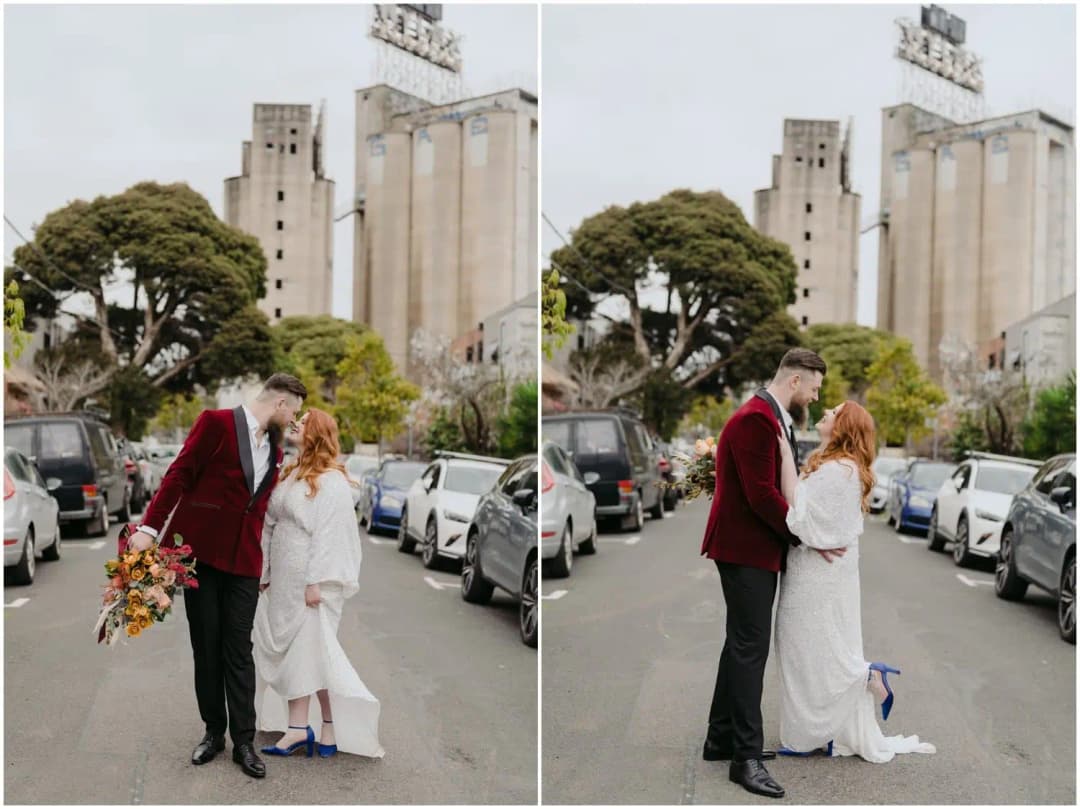 Two photographs of the bride and groom embracing in a city street
