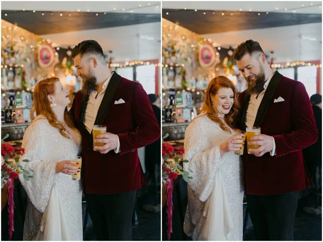 Two photographs of the bride and groom smiling together with drinks at a pub bar