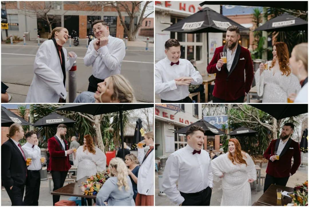 Four photographs of the wedding party laughing and drinking outside a pub