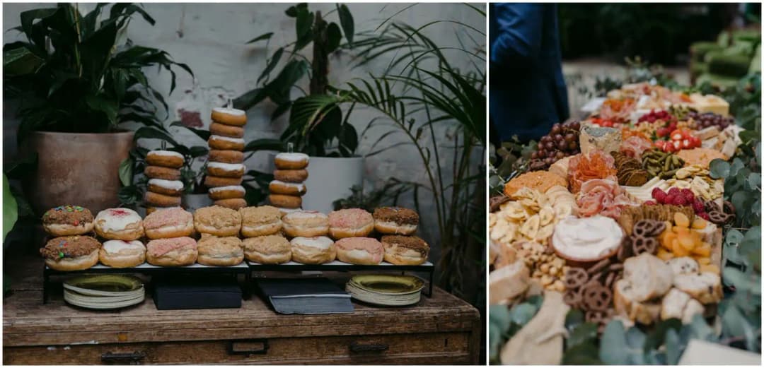 Two photographs of stacked doughnuts and a grazing table with fruit, cheese and cured meats