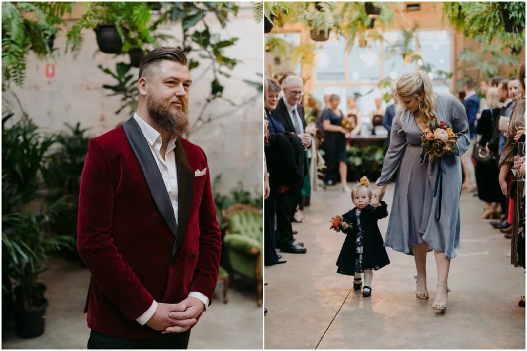 Two photographs of the groom waiting and a woman leading a young child down the aisle