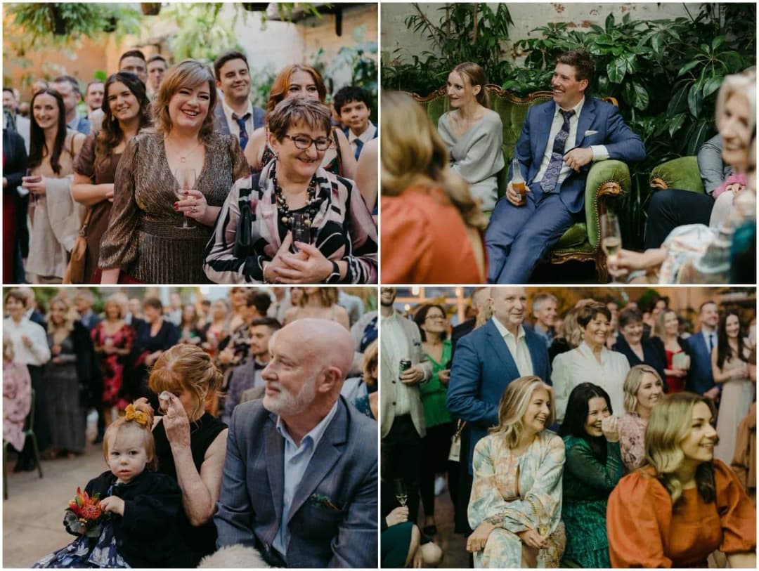Four photographs of seated wedding guests smiling during the ceremony