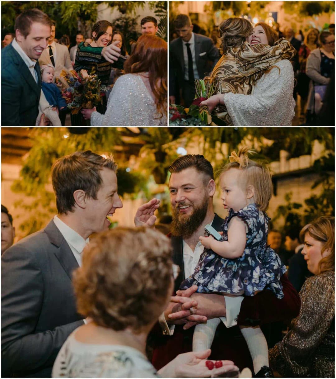 Two photographs of guests greeting one another and the groom holding a young child