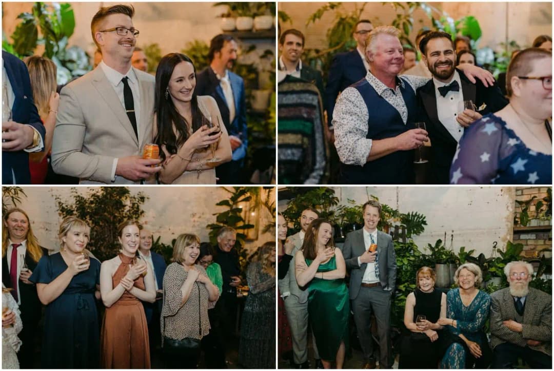 Four photographs of guests laughing, smiling and applauding during speeches
