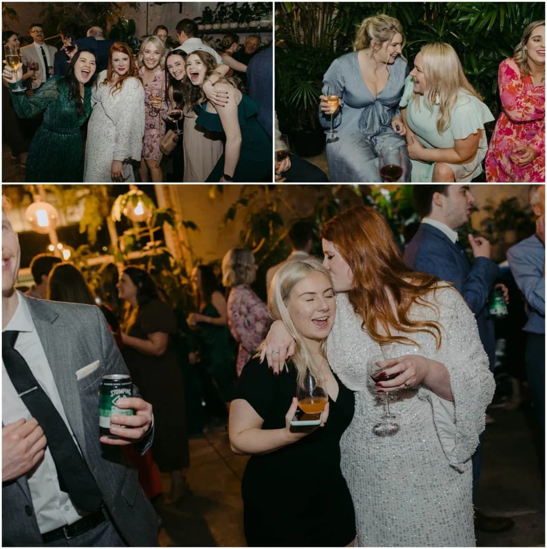 Four photographs of guests smiling, chatting and dancing during the reception