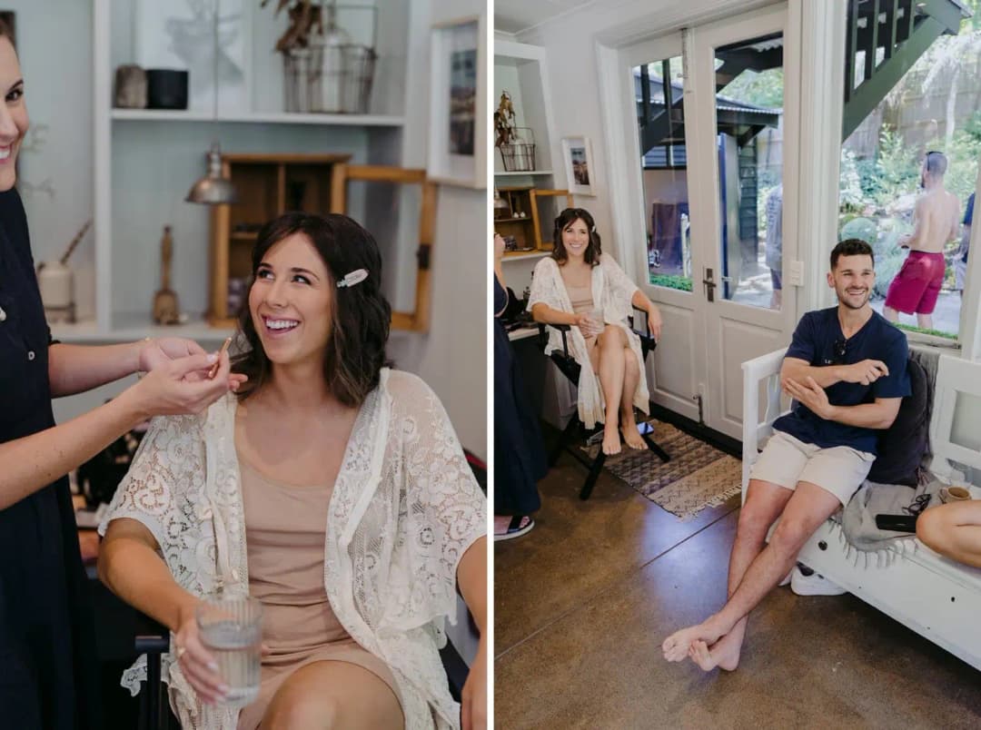 Two photographs of the bride having makeup applied and the groom sitting indoors
