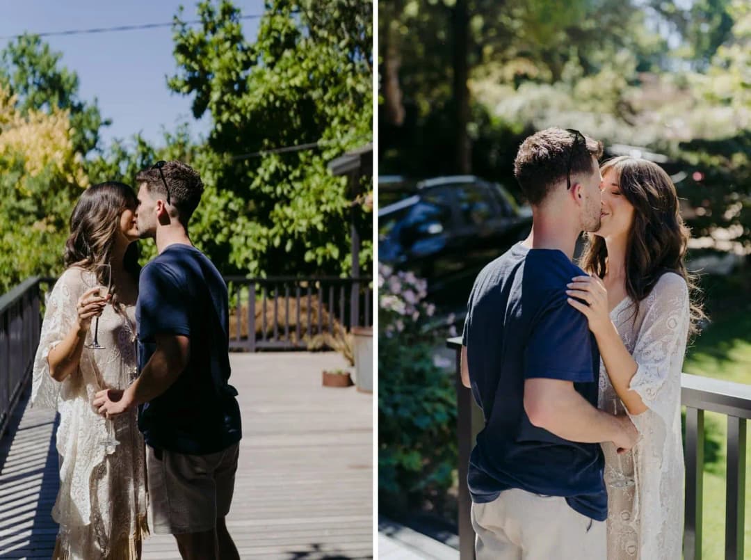 Two photographs of the bride and groom kissing outdoors in casual clothes