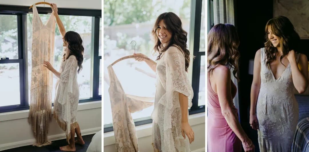 Three photographs of the bride looking at and putting on her wedding dress