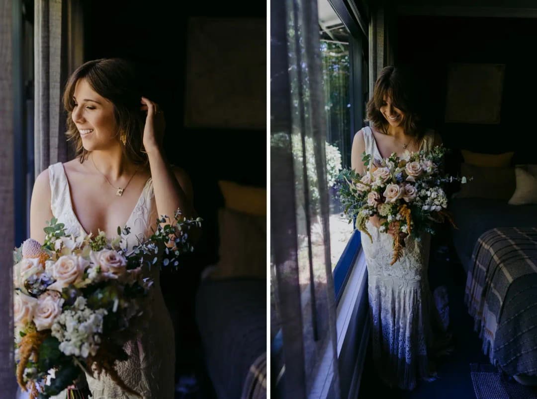 Two photographs of the bride smiling by a window with her bouquet