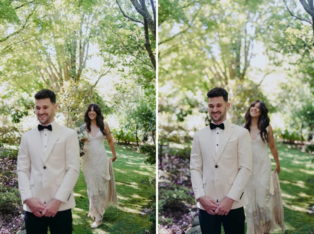 Two photographs of the bride approaching the waiting groom beneath garden trees