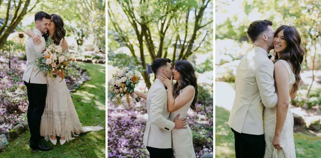 Three photographs of the bride and groom embracing and kissing in the garden