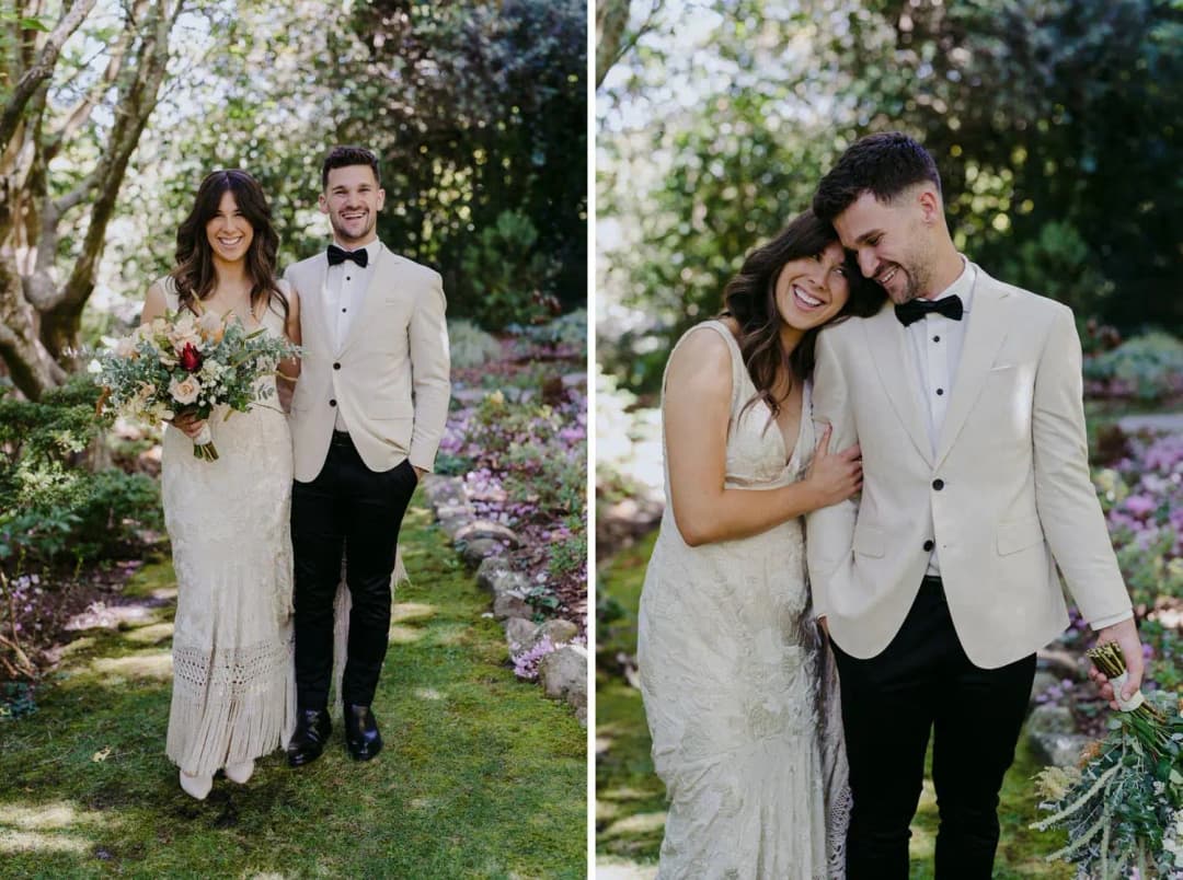 Two photographs of the bride and groom standing and smiling together in the garden
