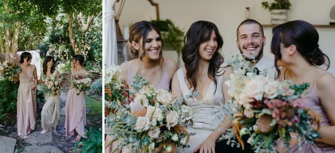 Two photographs of bridesmaids with bouquets and wedding party members laughing