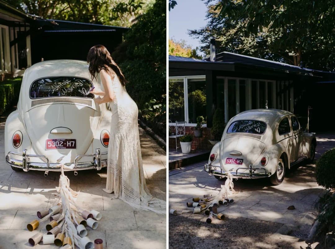 Two photographs of the bride beside a decorated vintage car outside a cabin
