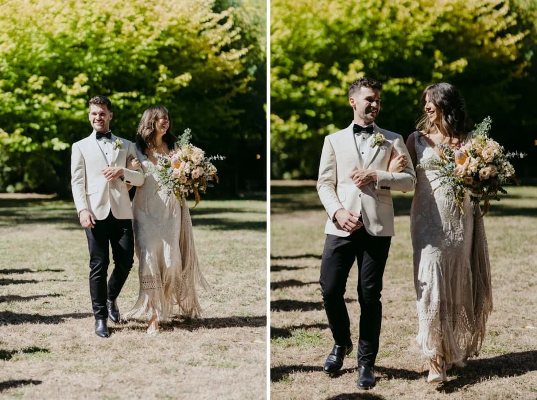 Two photographs of the bride and groom walking arm in arm toward the ceremony