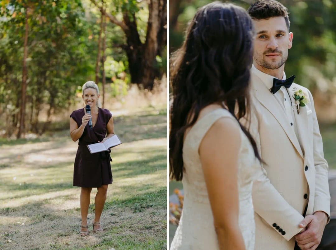 Two photographs of the celebrant speaking and the groom looking toward the bride