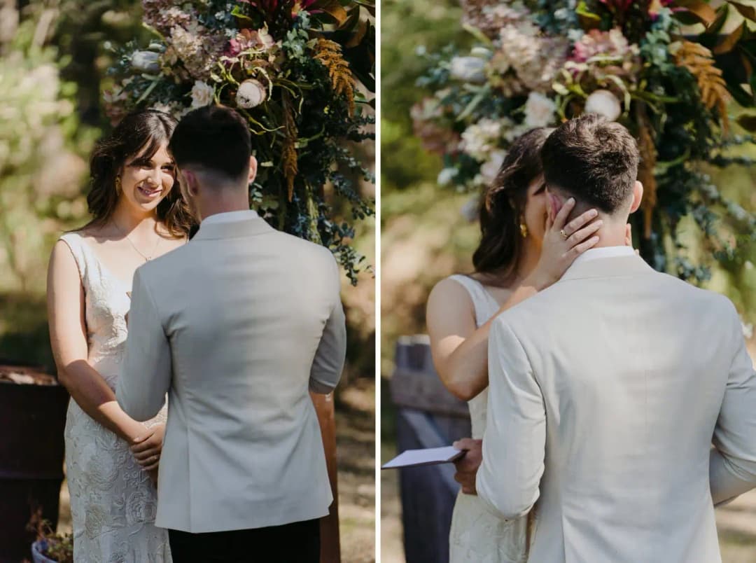Two photographs of the bride smiling at the groom and touching his face