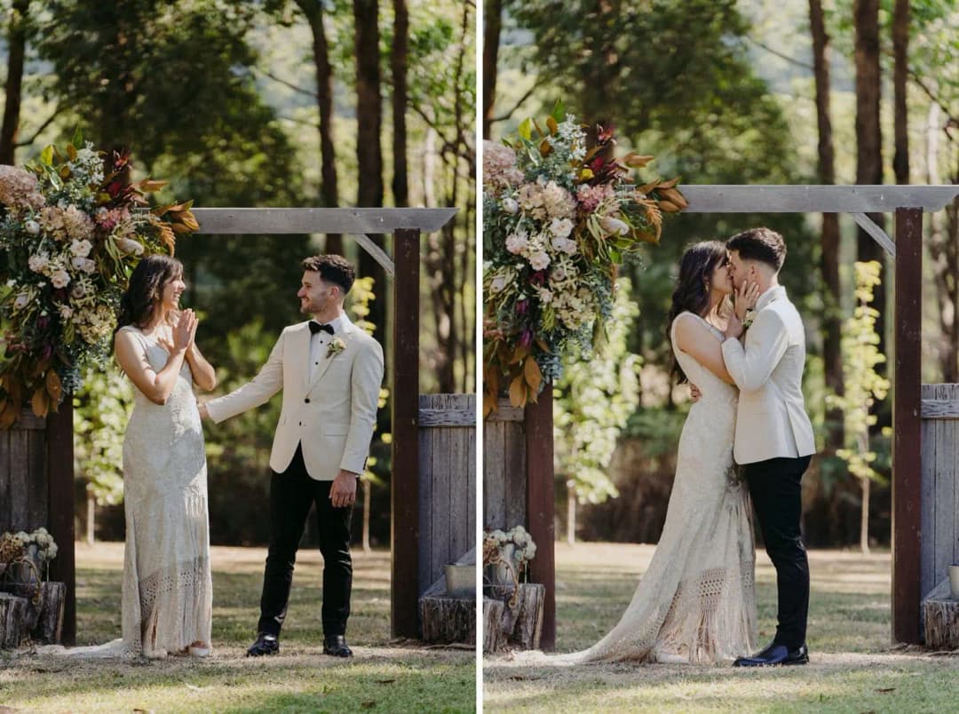 Two photographs of the couple standing together and kissing at the ceremony