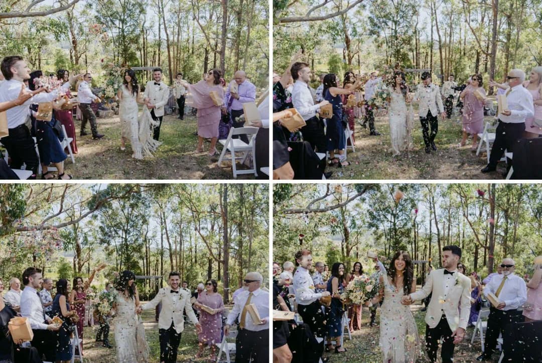 Four photographs of the couple walking through colourful confetti thrown by guests