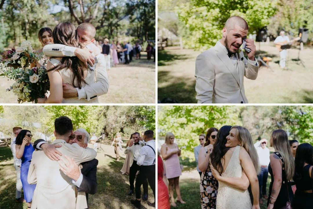 Four photographs of the couple hugging and greeting wedding guests outdoors